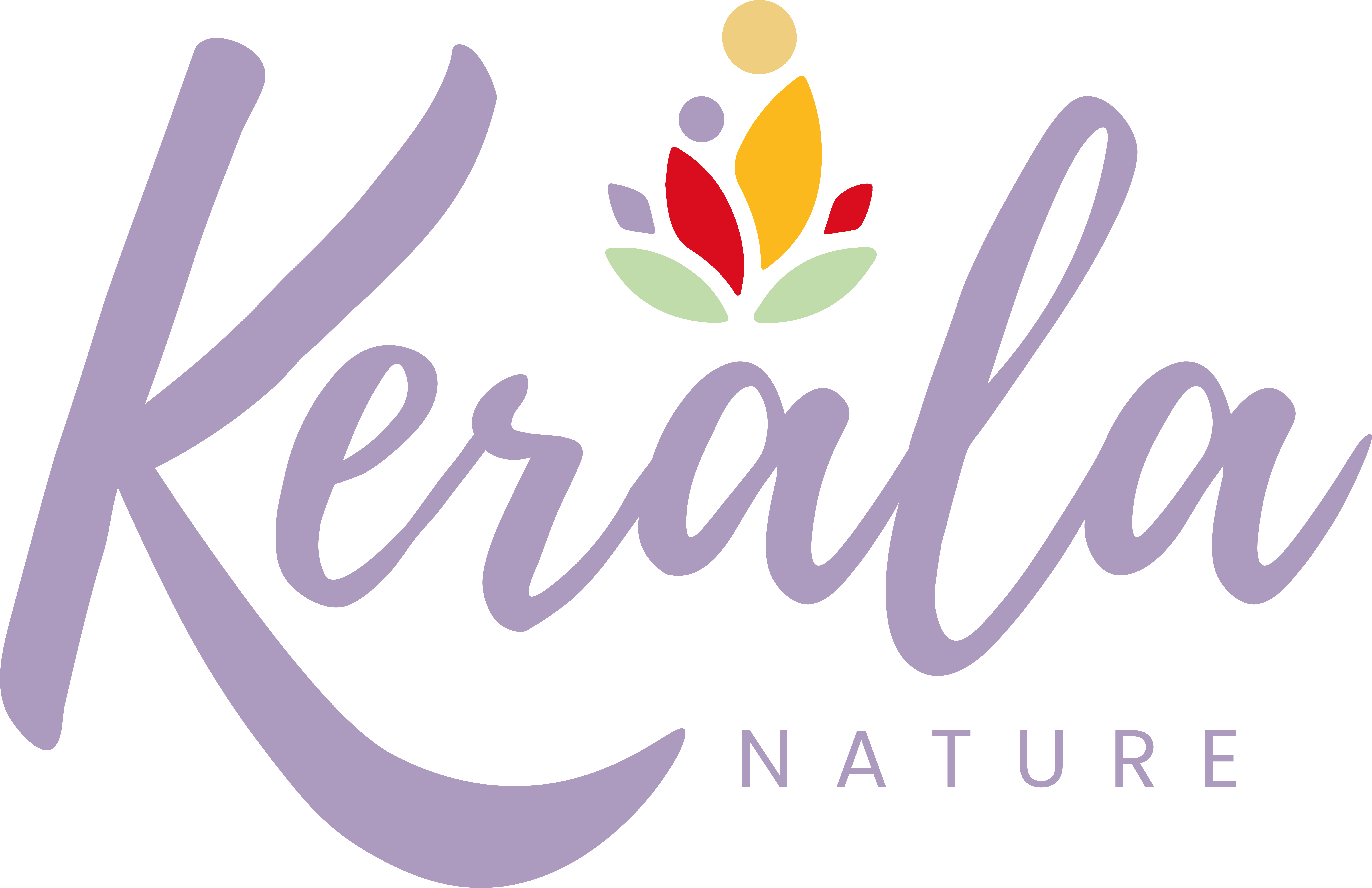 Logo-de-Kerala-Nature-marque-de-cosmétiques-naturels-inspirés-de-l'Ayurveda.-Le-design-présente-une-typographie-élégante-en-violet-lavande-et-une-icône-florale-symbolisant-l'équilibre-et-la-nature-Les-couleurs-jaune-rouge-et-vert-évoquent-les-ingrédients-botaniques-et-la-richesse-des-plantes-utilisées-dans-les-soins-ayurvédiques